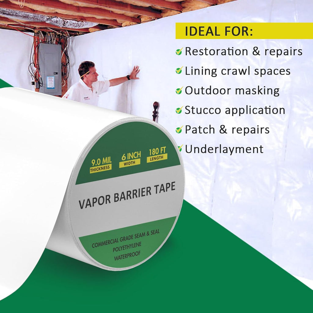 Vapor Barrier Tape 6" x 180', 9Mil White Polyethylene Wide Seam