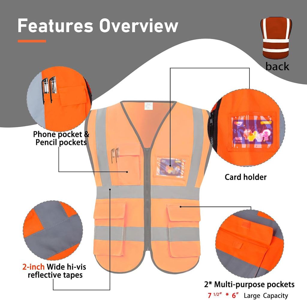 High Visibility Safety Vest with Pockets and Zipper, 1 Pack 5 Pack | Meets ANSI/ISEA Standard Class 2, 360-degree