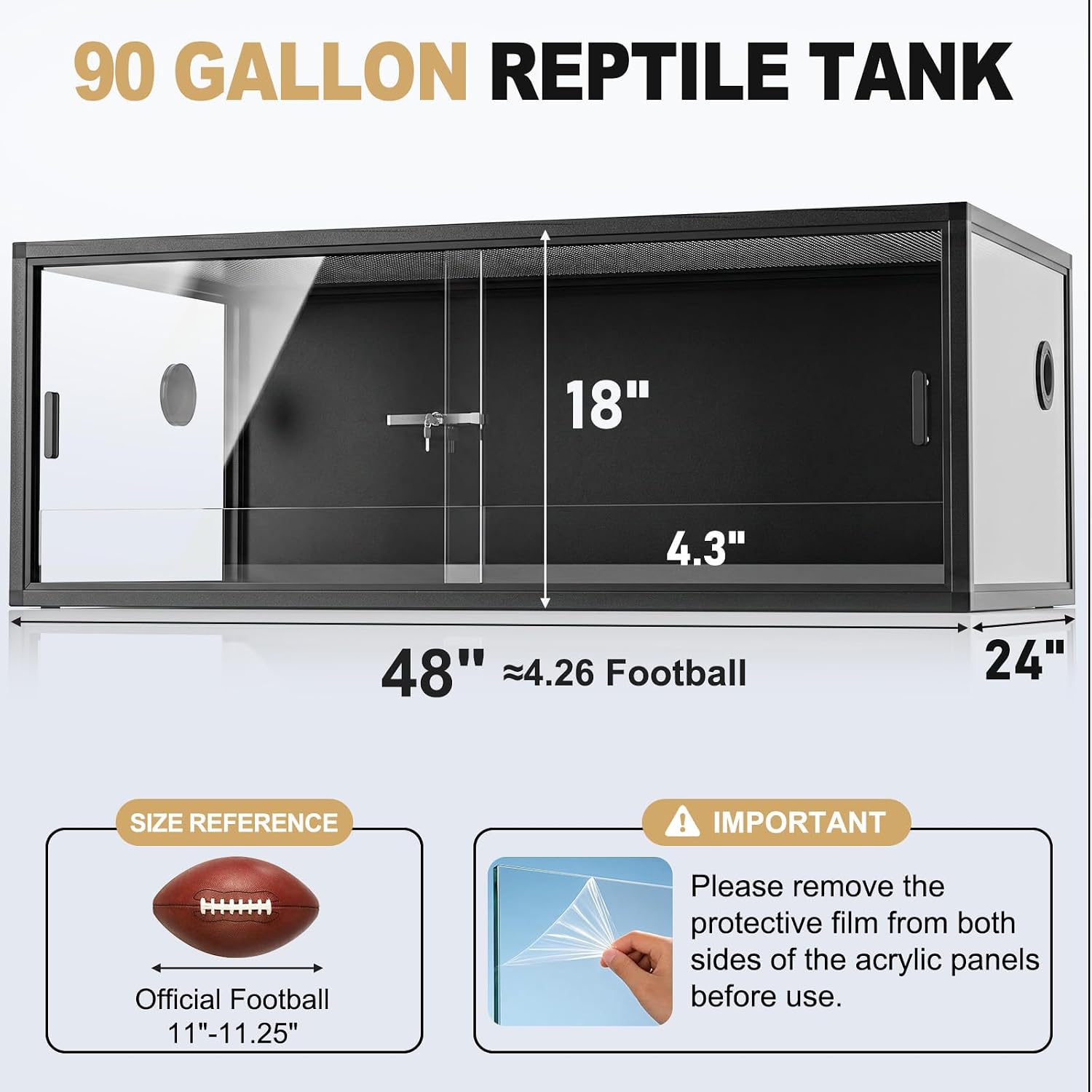 90 Gallon Reptile Tank, 48"x24"x18" Front Opening Reptile Terrarium, Black | Aluminum Frame Reptile Enclosure with