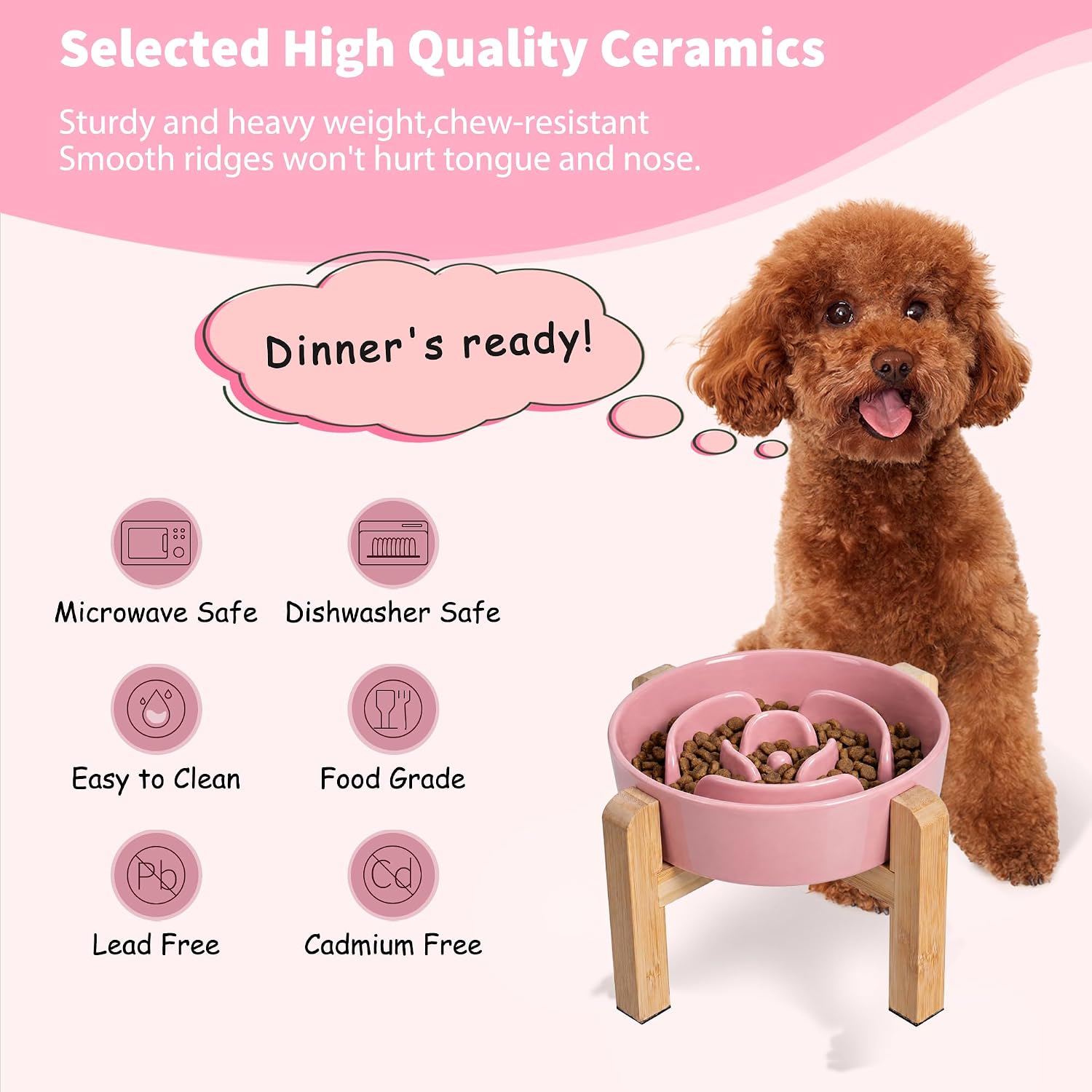 Elevated Slow Feeder Dog Bowl - Ceramic Maze Food Dish with Bamboo Stand - Raised Feeding Bowl for Fast Eaters