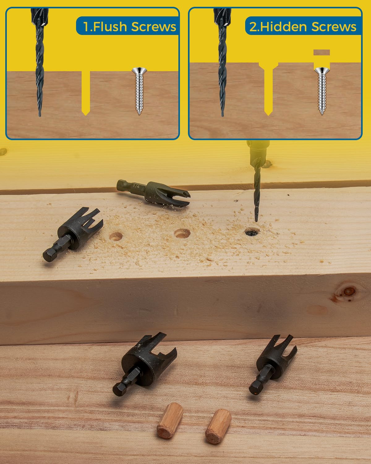 Countersink Drill Bit Set, 16PCS Tapered Bits with Plug Cutters