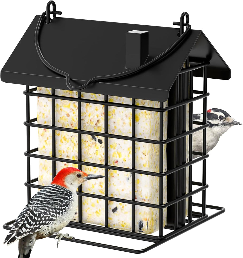 All-Metal Double Suet Bird Feeder for Outdoors Hanging, Black Roof
