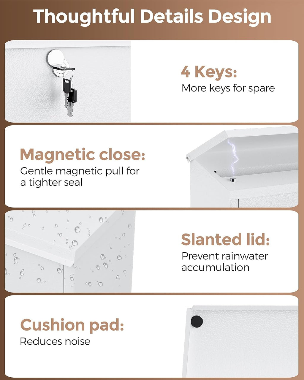 Locking Wall-Mount Mailbox for Outside, with 4 Keys, Galvanized Steel Rustproof Metal Postbox, 4" Dx13.8 Wx11.2 H