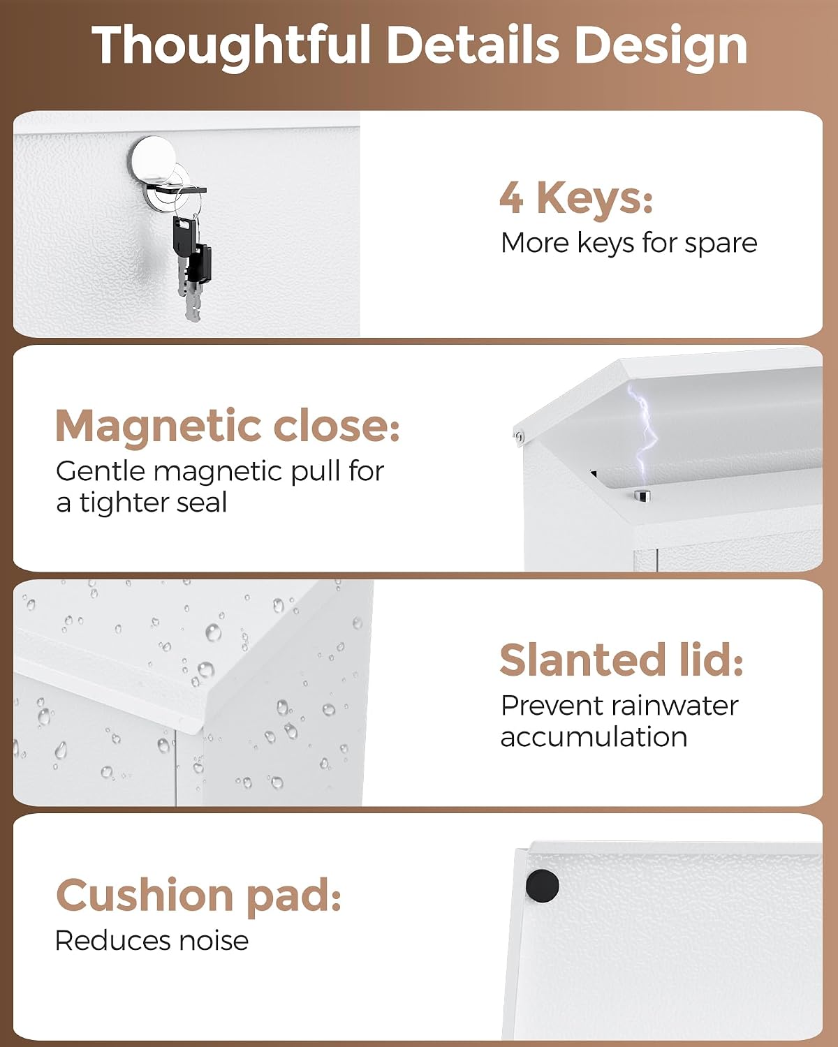 Locking Wall-Mount Mailbox for Outside, with 4 Keys, Galvanized Steel Rustproof Metal Postbox, 4" Dx13.8 Wx11.2 H