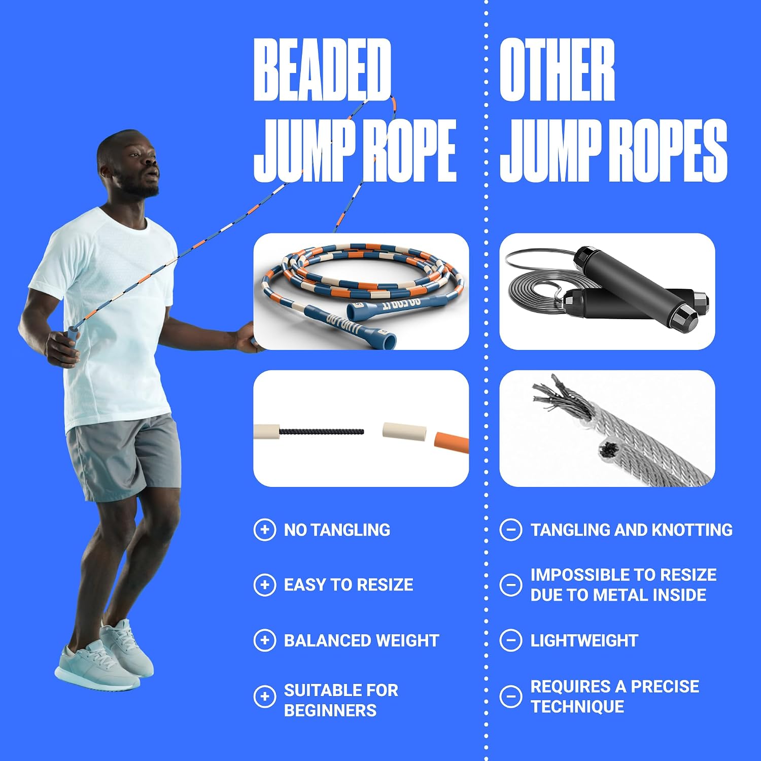 Custom-Fit Beaded Jump Rope – Adjustable Length for Kids & Adults, Men & Women – Durable Fitness Rope for Gym & Home