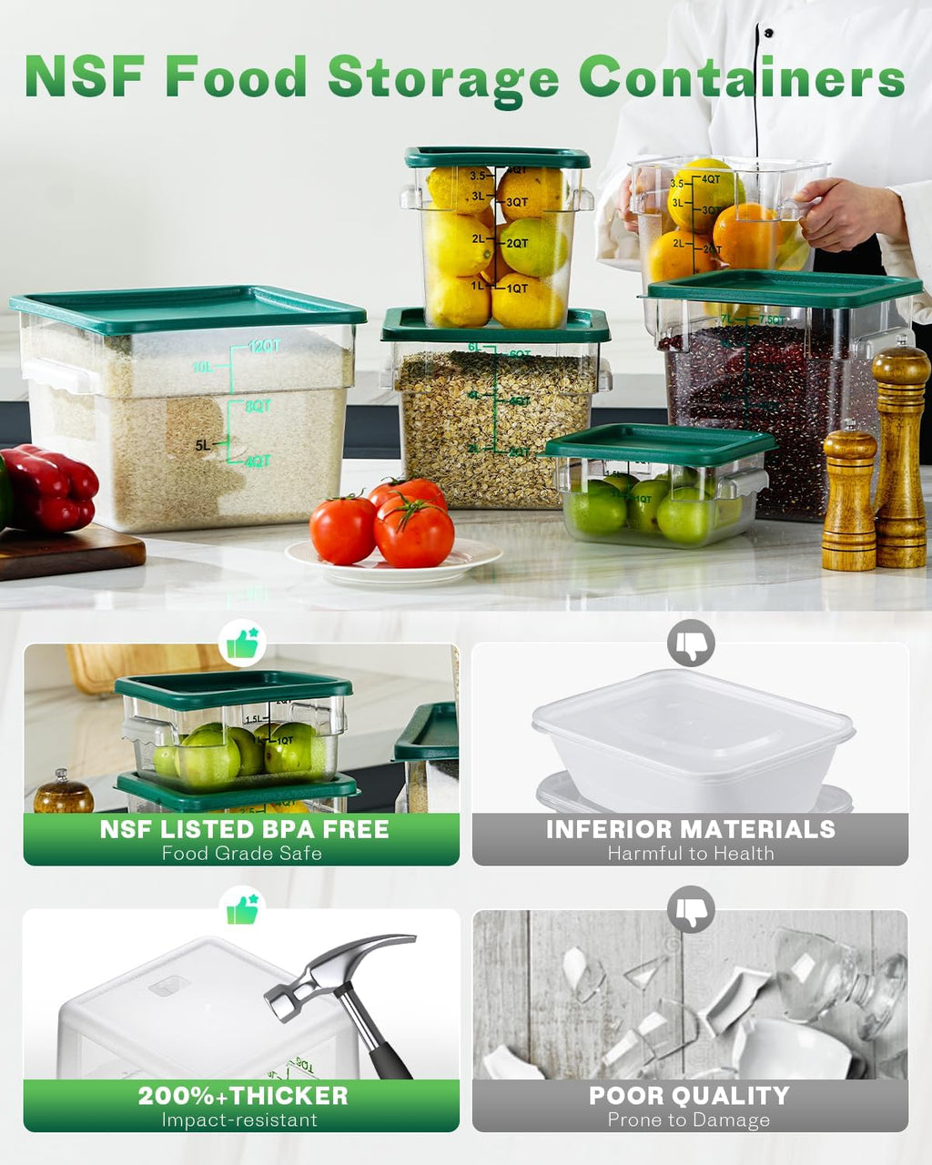 12QT 4PCS NSF Commercial Clear Food Storage Containers with Lids(GREEN)