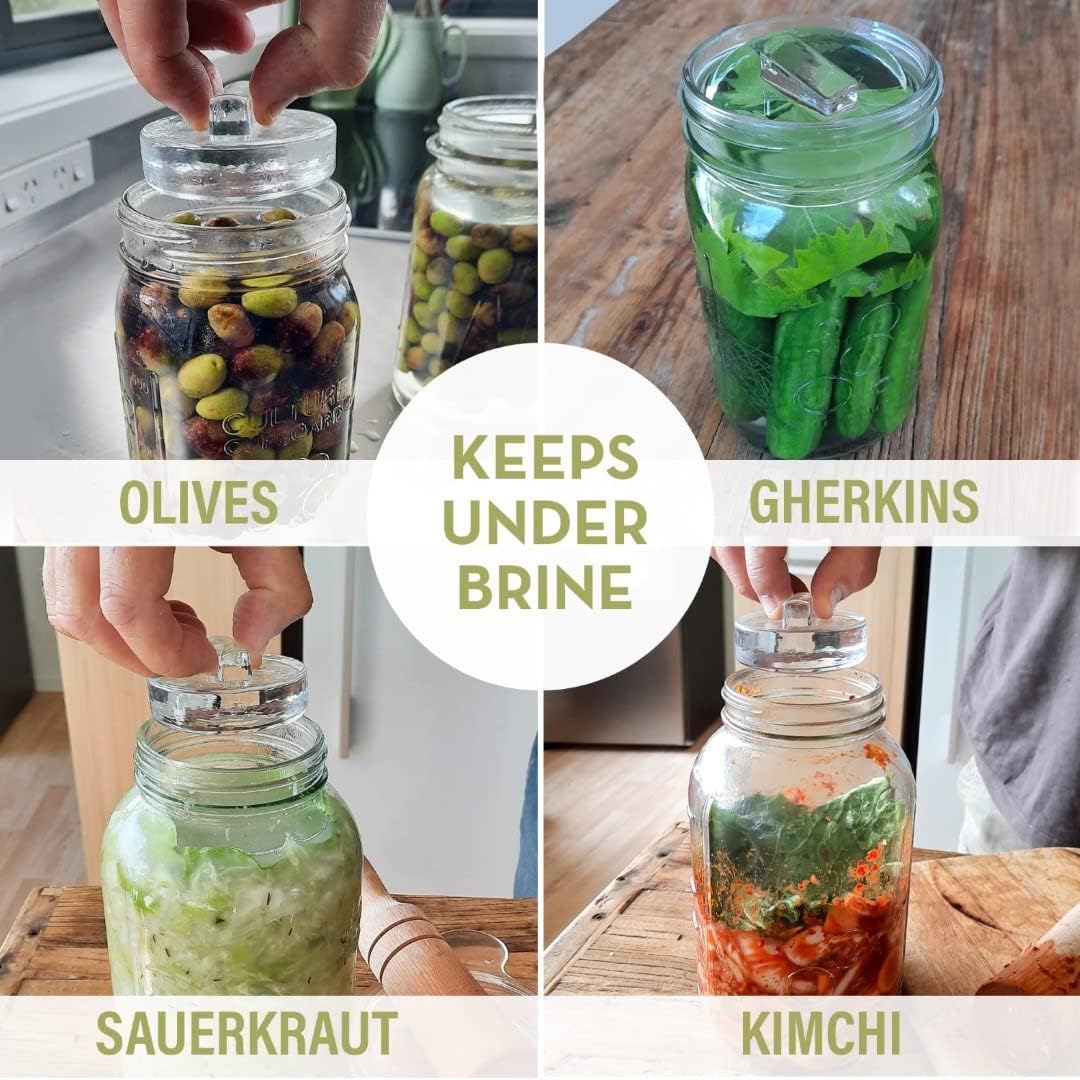 Glass Fermentation Weights for Wide Mouth Mason Jars — Set of 4, Easy Lift Handles — for Sauerkraut, Kimchi, Pickles