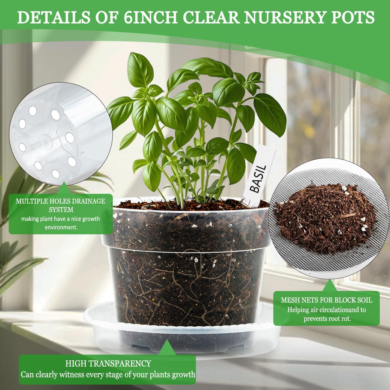 6 Inch Clear Nursery Pots with Humidity Domes 15 Pack, Transparent Plastic Plant Pot with Drainage Holes and Saucers