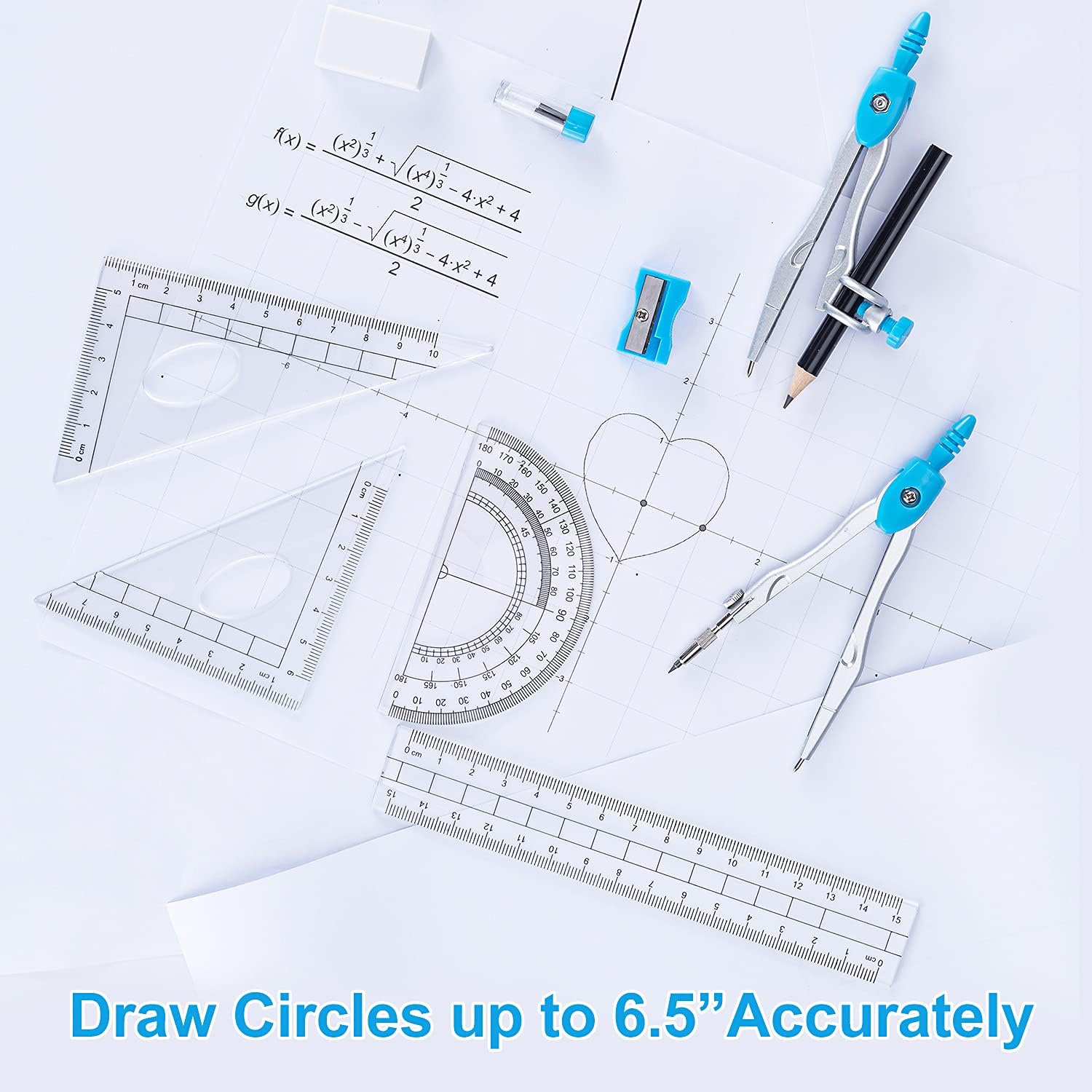 Math Geometry Kit Set 10 Pieces with Shatterproof Storage Box, Student Supplies Drawing Compass Includes Protractor
