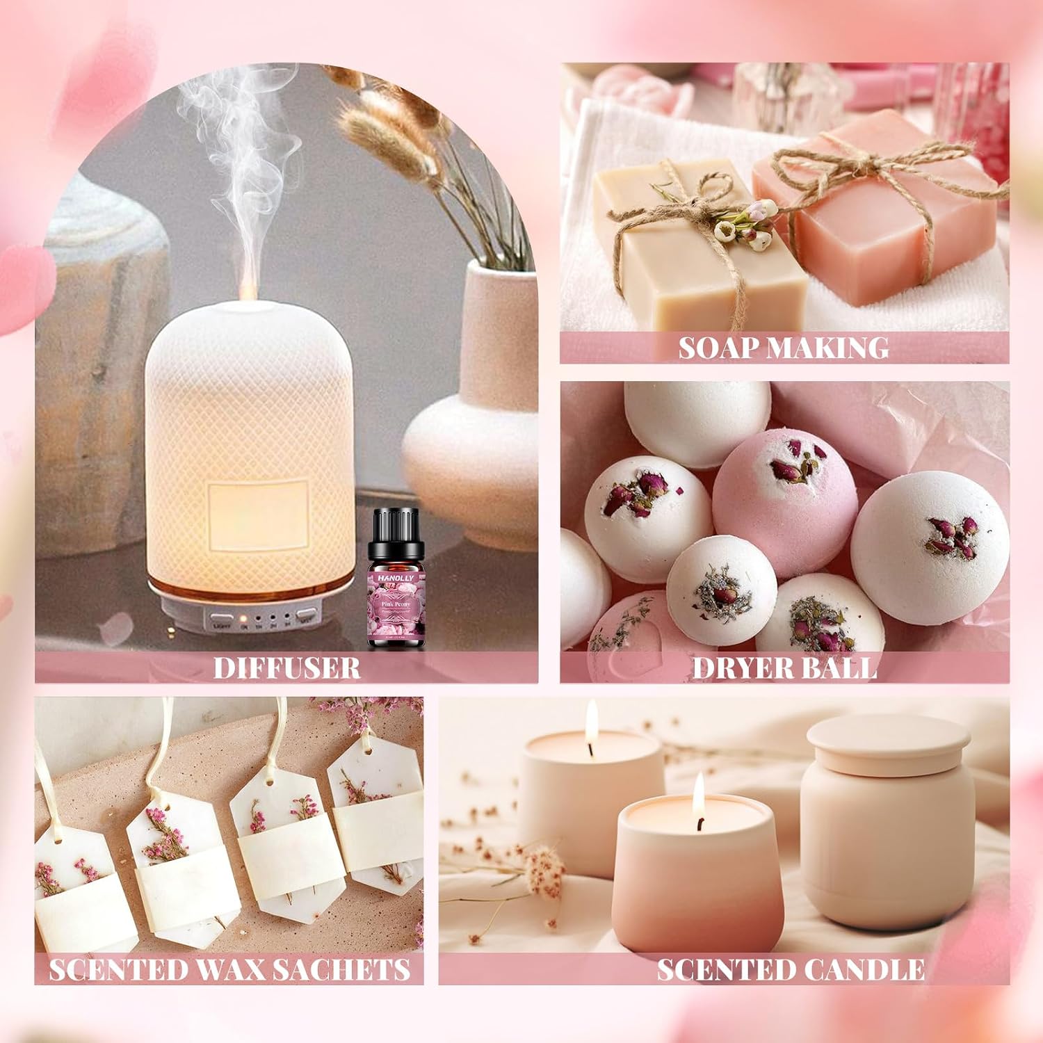 Floral Essential Oils Set - 6 Premium Fragrance Oil for Diffusers, Candle Making, Humidifier - Pink Peony, Wild Rose