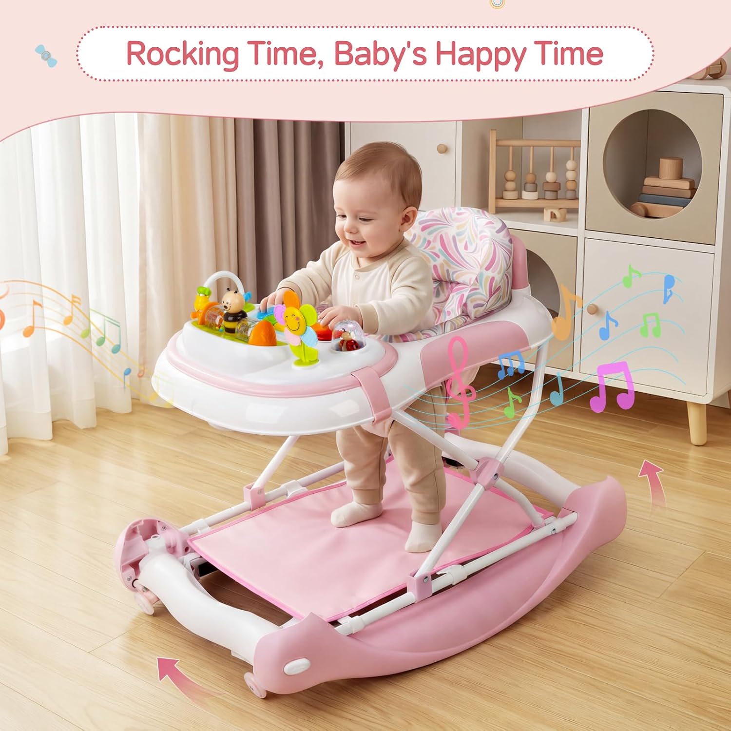 5 in 1 Baby Walker, Music and Lights Foldable Baby Walker with Wheels, 3 Adjustable Heights, with Bouncer Combo