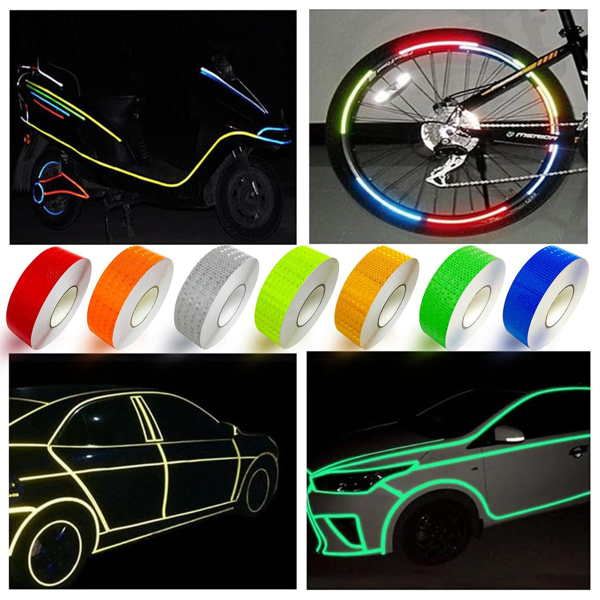 Reflective Tape, 7 Rolls, 7 Colors, 1" x 10 ft Each