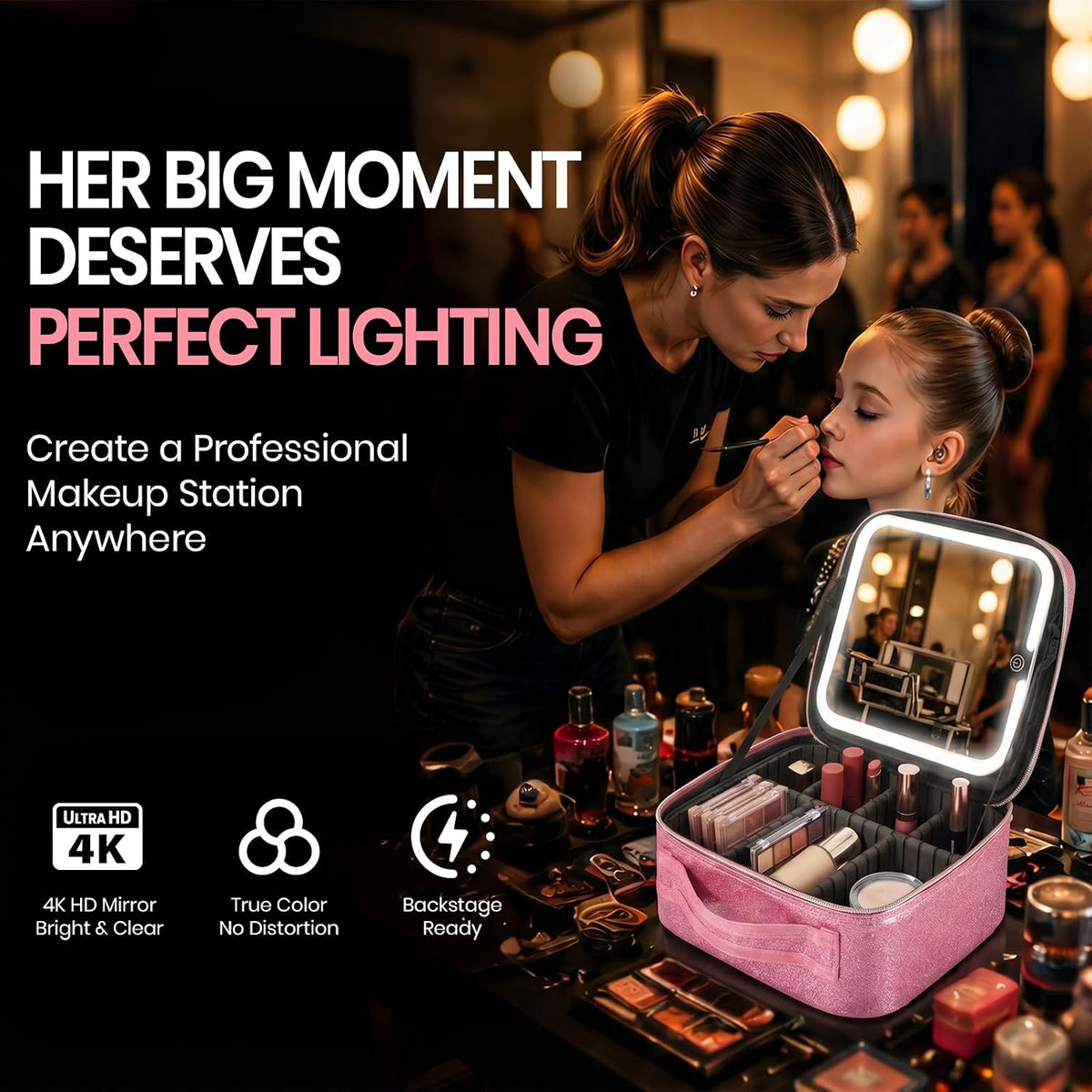 Makeup Bag with Detachable 4K LED Mirror, 3 Light Modes