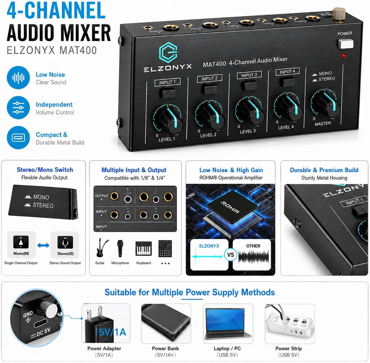 4 Channel Mini Audio Mixer, Stereo Line Mixer with Mono/Stereo Switch, Ultra-Low Noise Sub-Mixer, 1/4" & 1/8" TS/TRS