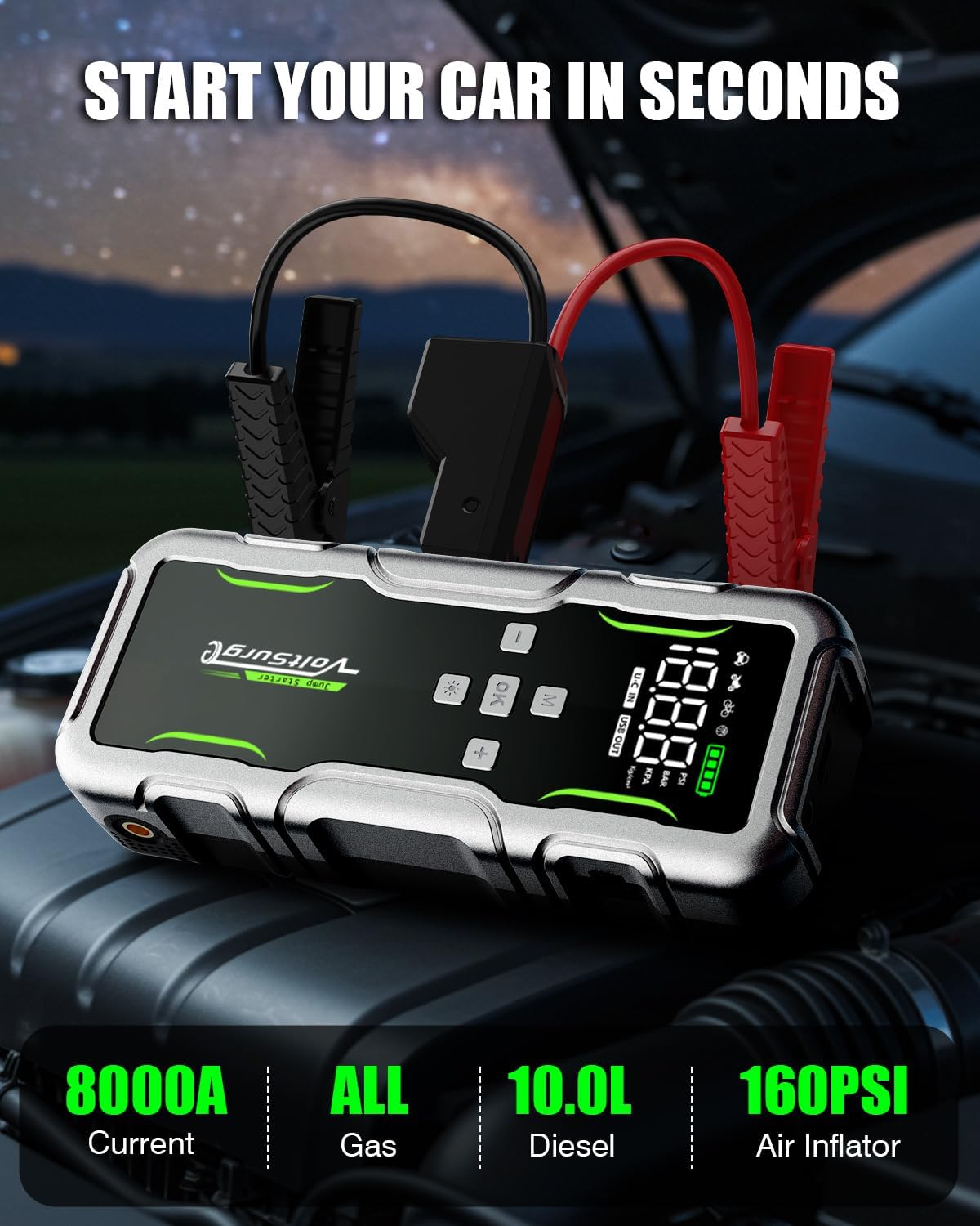 8000A Jump Starter with Air Compressor, 12V Portable Battery Jumper Starter Pack(All Gas/10.0L Diesel) for Car, Jump
