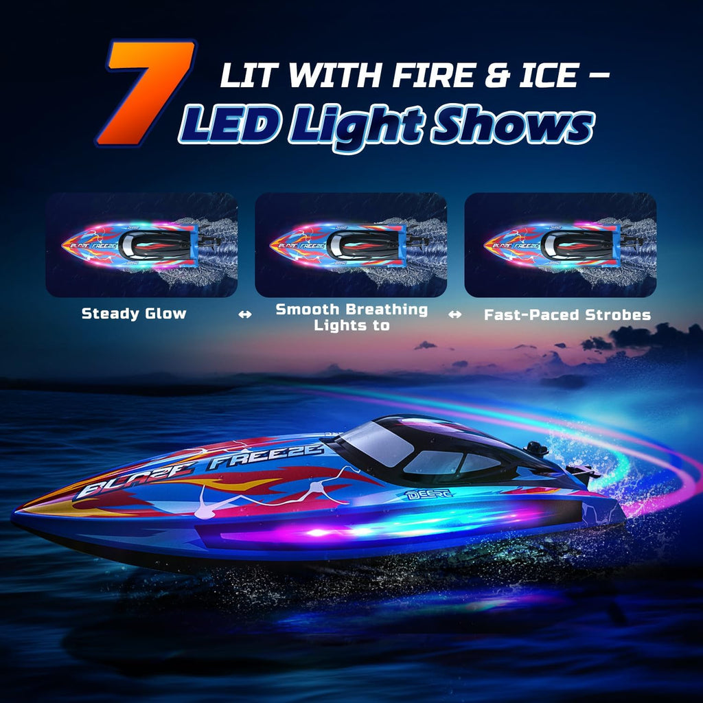 Fast RC Boat for Pool & Lake, 20+MPH, 40+ Mins, 7 LED Light Modes | Self Righting Remote Control Racing Speed Boat