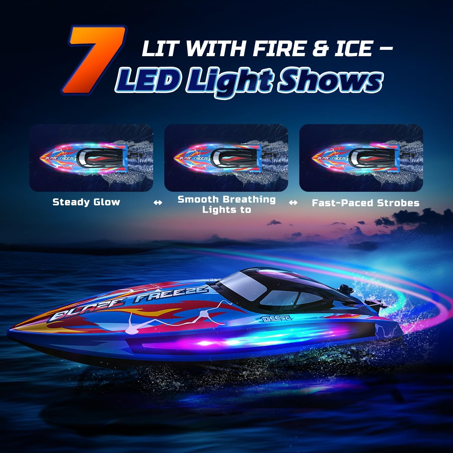Fast RC Boat for Pool & Lake, 20+MPH, 40+ Mins, 7 LED Light Modes | Self Righting Remote Control Racing Speed Boat