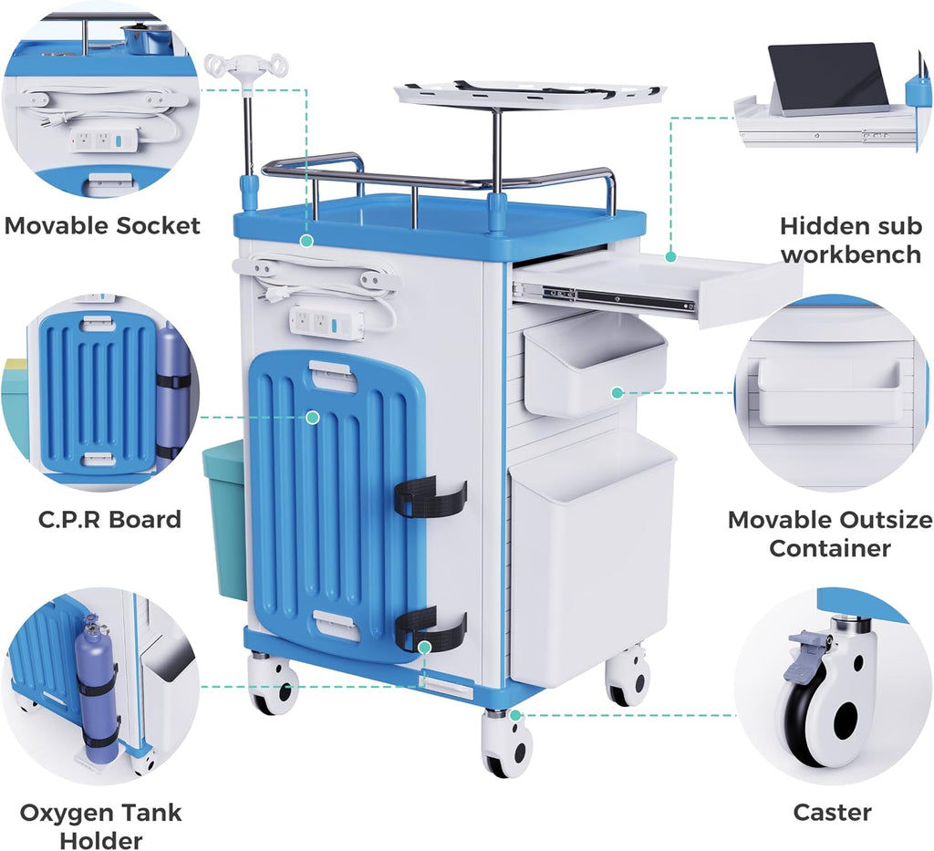 Medical Rolling Crash Cart with Wheels-CPR Board, IV Pole | O2 Holder, Trash Bin, Silent Casters,Drawers with