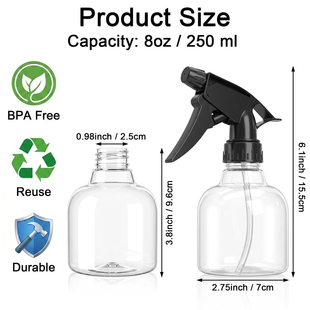 12 Pack 8 Oz Empty Plastic Spray Bottle with Black Trigger Sprayers - Adjustable Head Sprayer from Fine to Stream