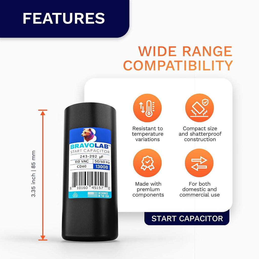 CD60 Start Capacitor for Electric Motors 243‑292 uF 110VAC