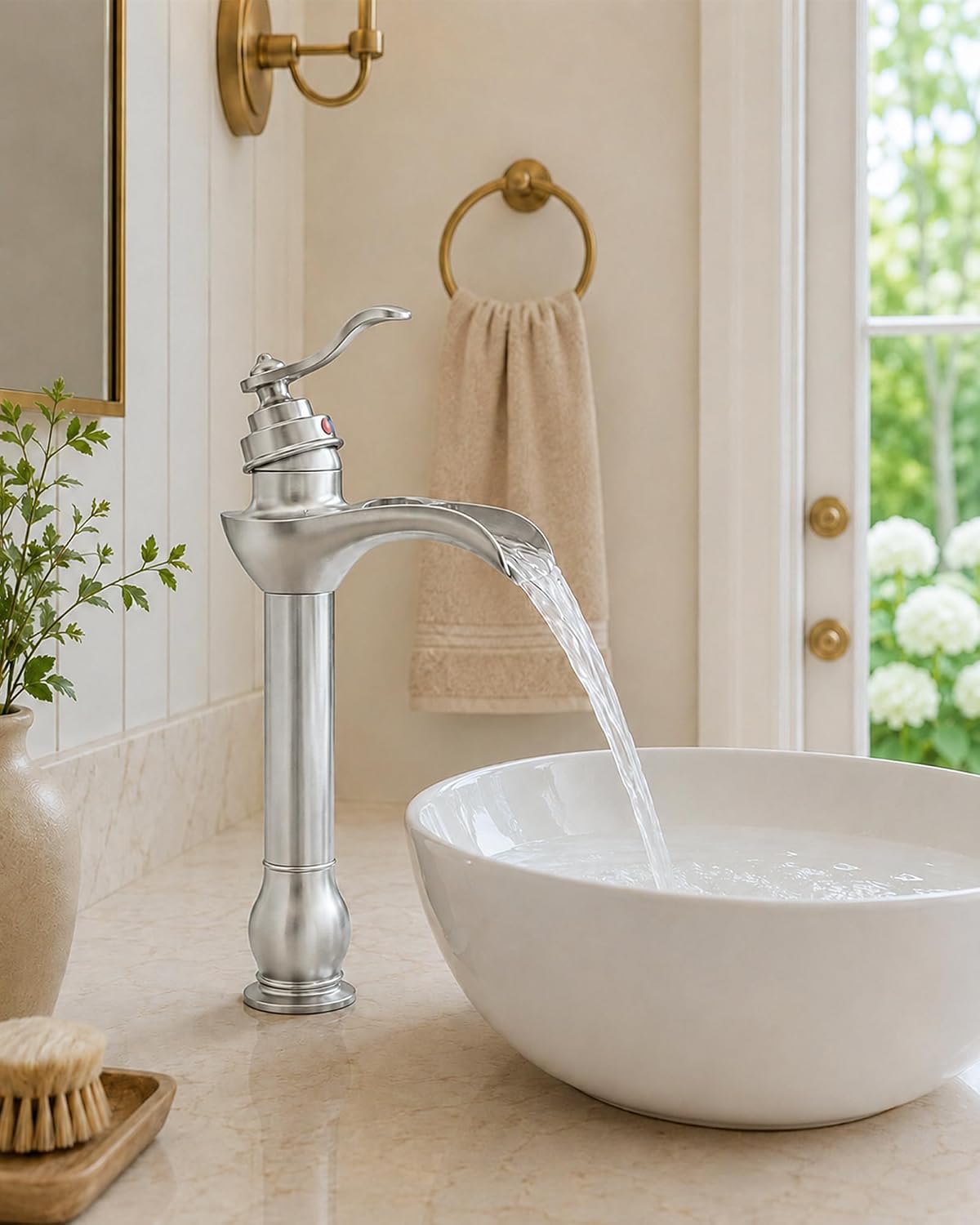 Vessel Sink Faucet Brushed Nickel Tall Waterfall Bathroom Faucet
