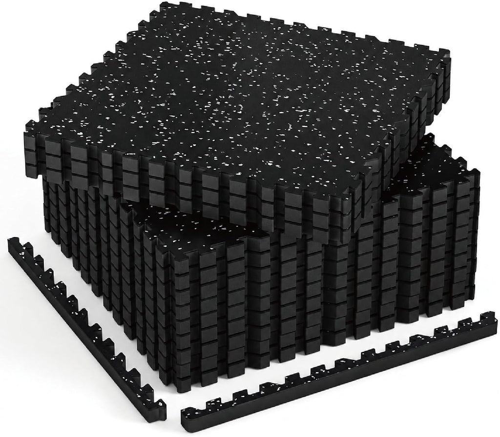 1'' Ultra-Thick 48 Sq Ft Rubber Top Gym Flooring for Home Gym, 12 Tiles High Density EVA Foam Exercise Mats