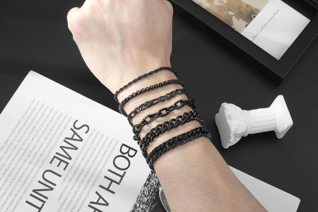 6pc Silver/Gold/Black Stainless Steel Bracelets for Men Gifts | 6.5/7/7.5/8.3/9 Inches Cuban Link Chain Bracelets Set