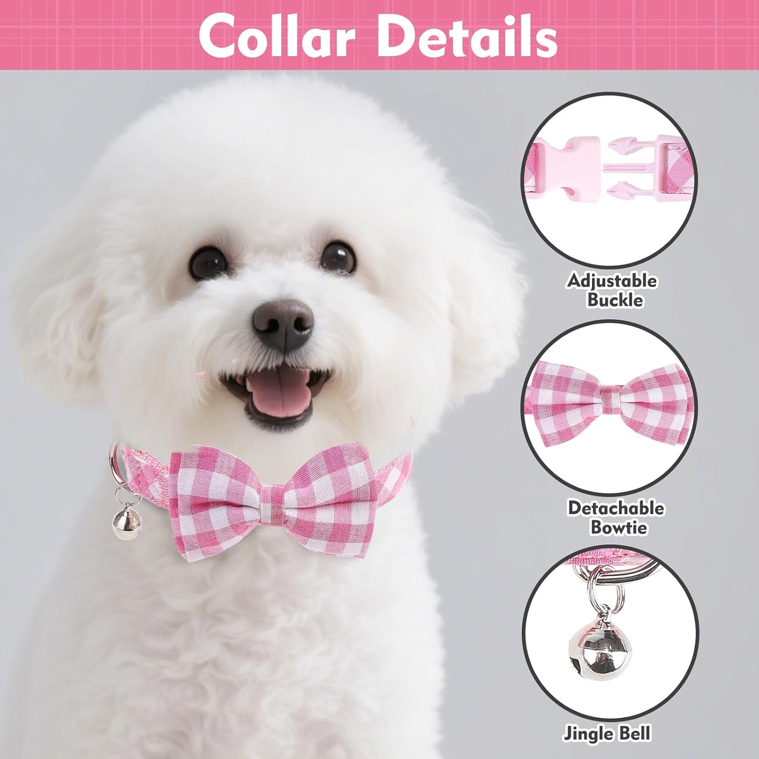 Cute Dog Harness Collar Leash Set - Pink Girl Dog Harness Checkered Step-in Design, Detachable Bow Pet Collar
