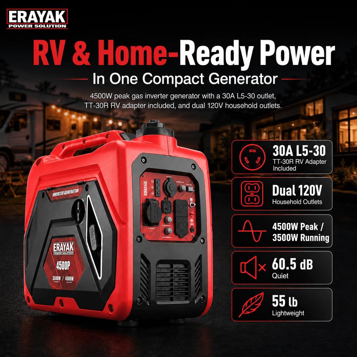 4500W Portable Inverter Generator for Home Use, Super Quiet Small Generator for Camping Outdoor Emergency Power