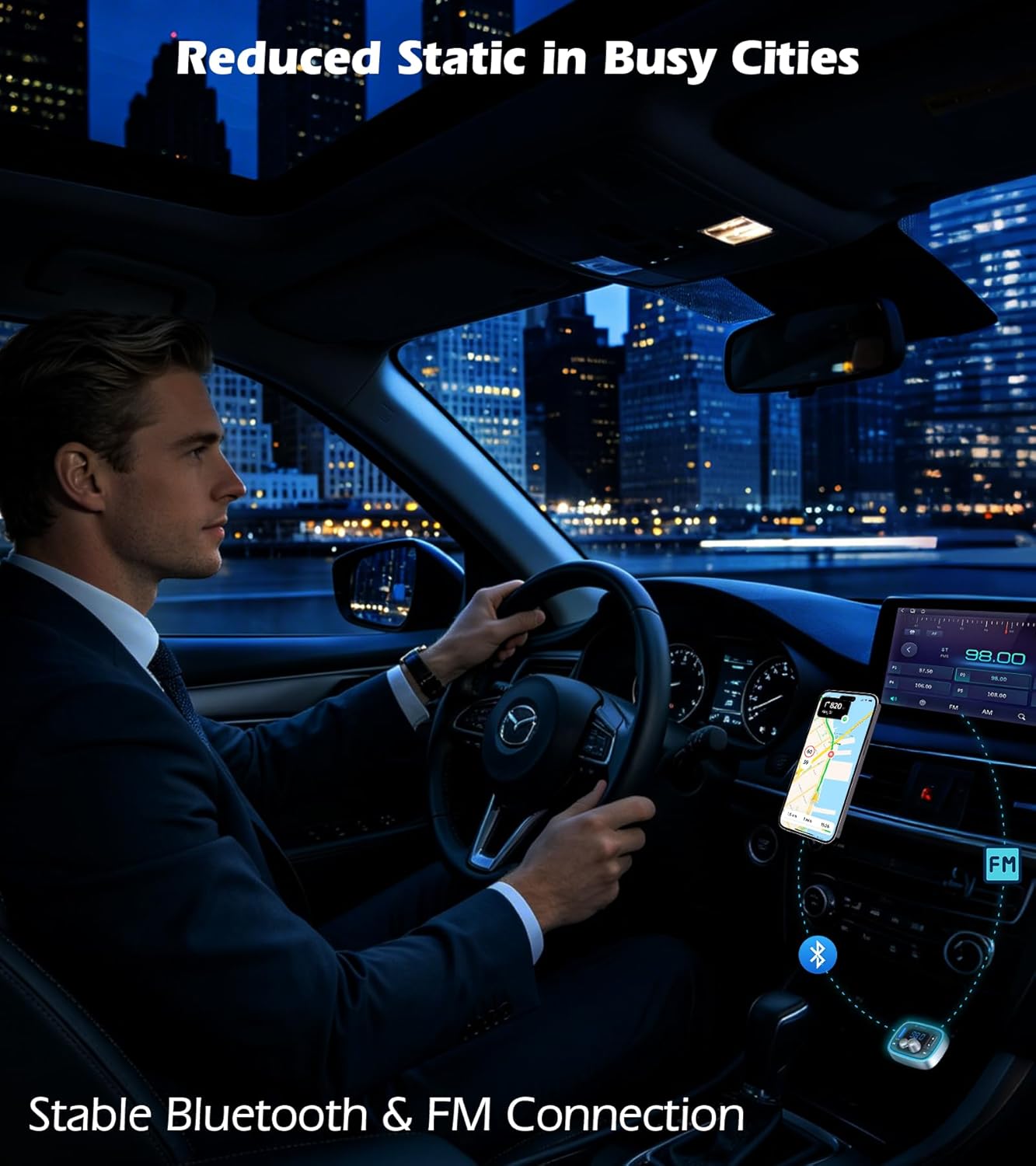 Bluetooth Car Adapter 5.4, FM Transmitter, 48W PD/QC Charger | Enjoy Bluetooth music, GPS navigation and hands-free