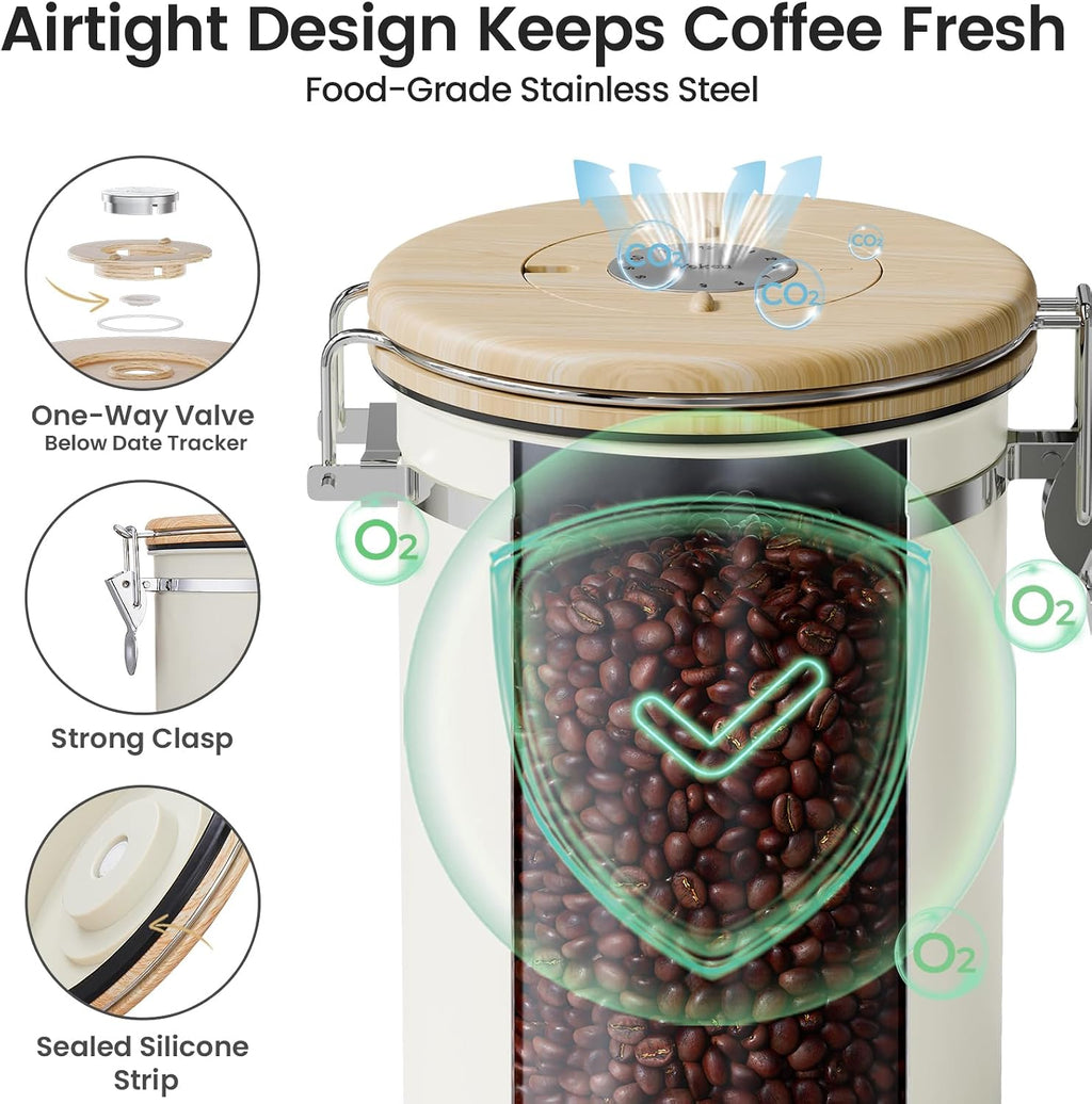 Coffee Canister with Window, Airtight Stainless Steel Container, 22OZ | Gifts For Women, Kitchen Food Storage for