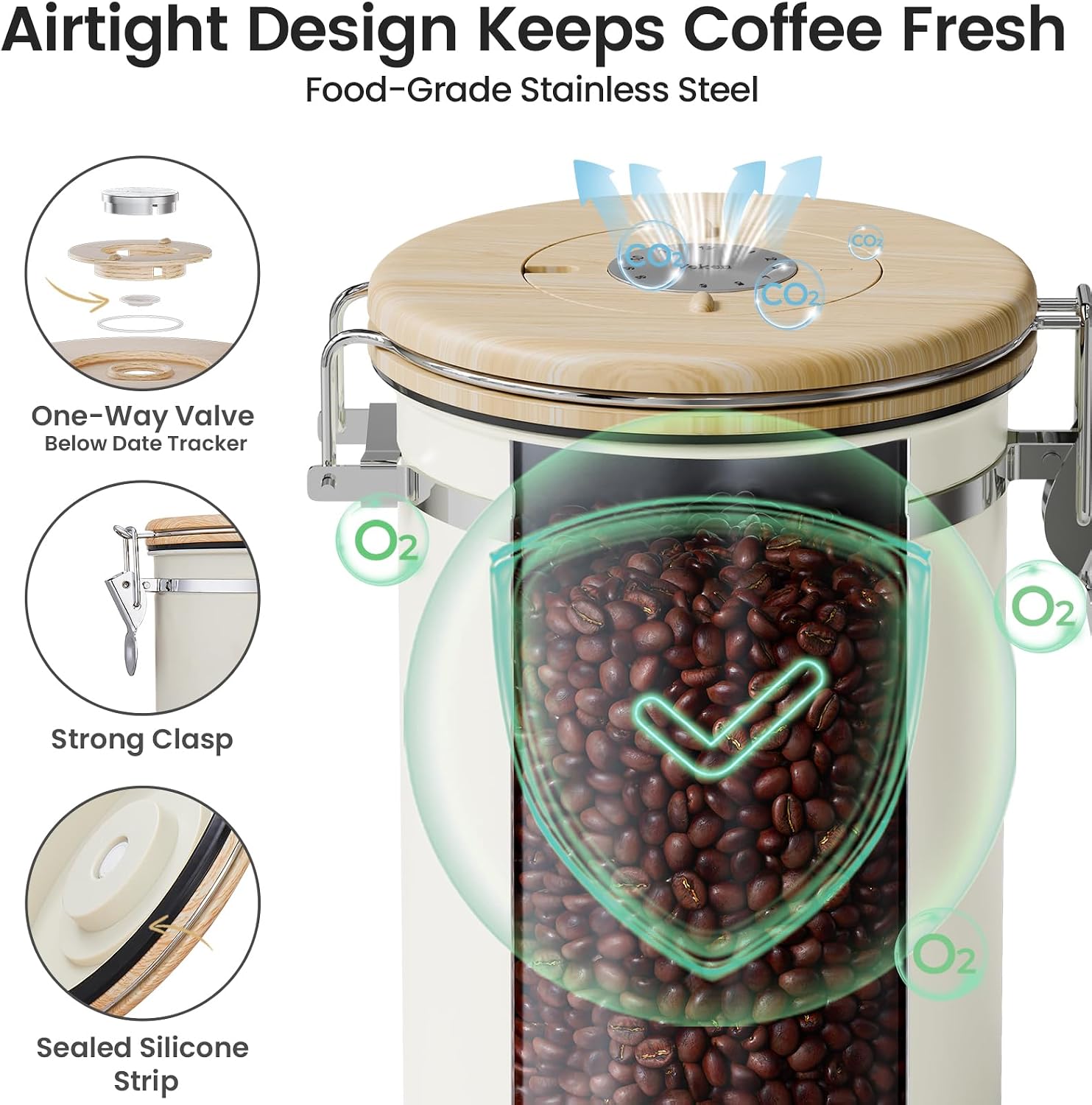 Coffee Canister with Window, Airtight Stainless Steel Container, 22OZ | Gifts For Women, Kitchen Food Storage for