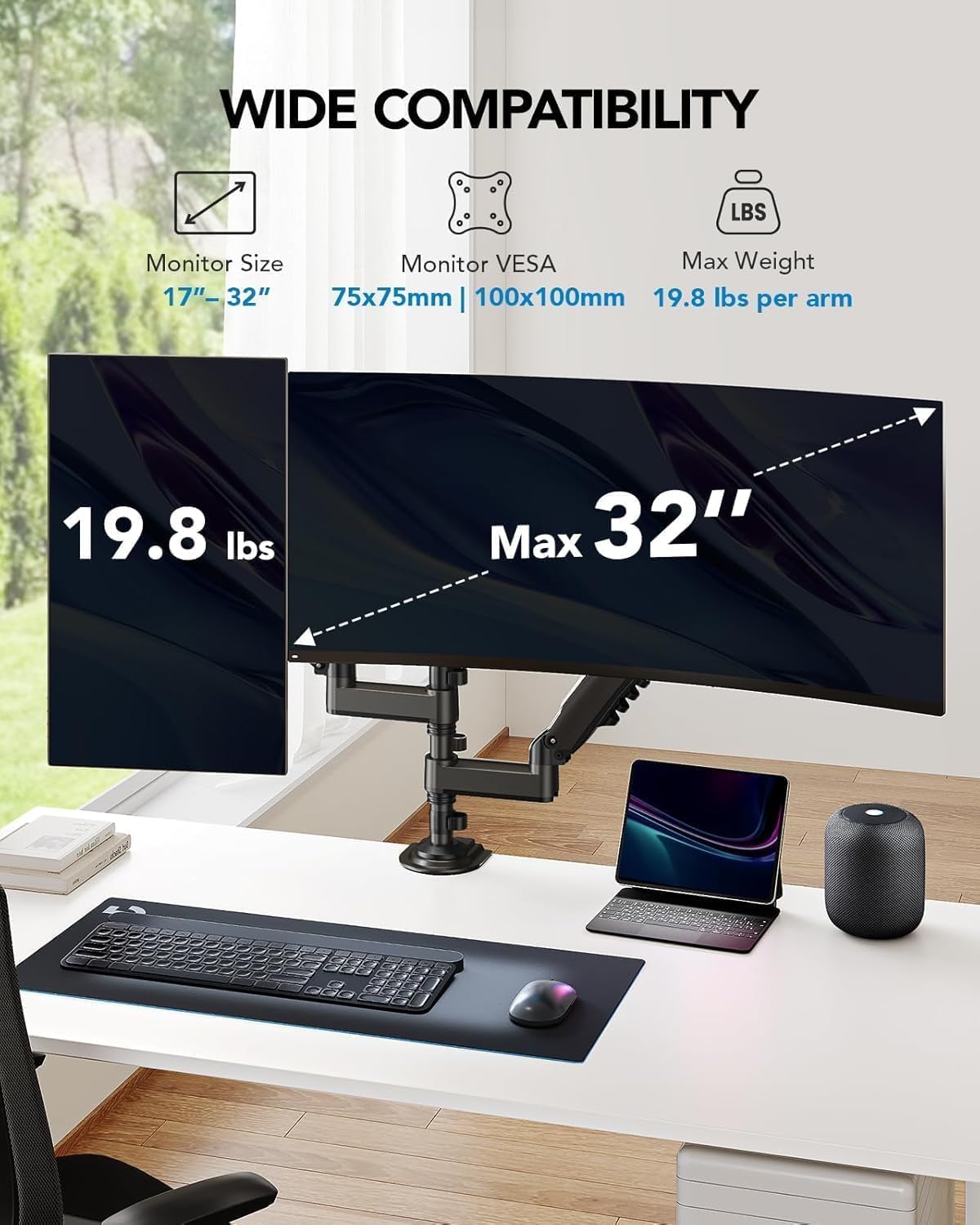17-32 Inch Dual Monitor Stand, Stacked Monitor Mount, Monitor Arms for 2 Monitors, Ergonomic Adjustable