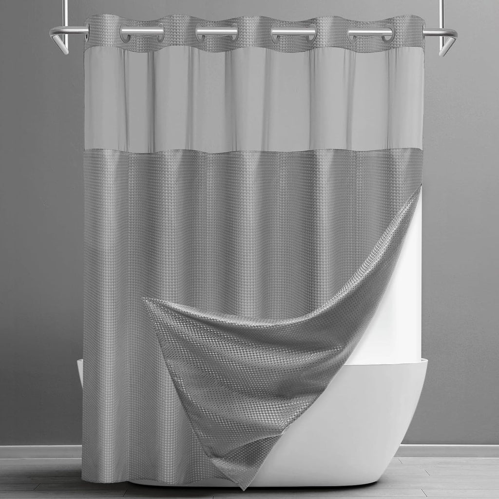 No Hook Shower Curtain with Snap in Liner Set Waffle Shower Curtain for Bathroom Hotel Style Fabric Waterproof Inner