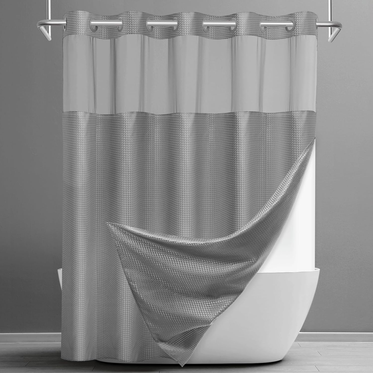 No Hook Shower Curtain with Snap in Liner Set Waffle Shower Curtain for Bathroom Hotel Style Fabric Waterproof Inner