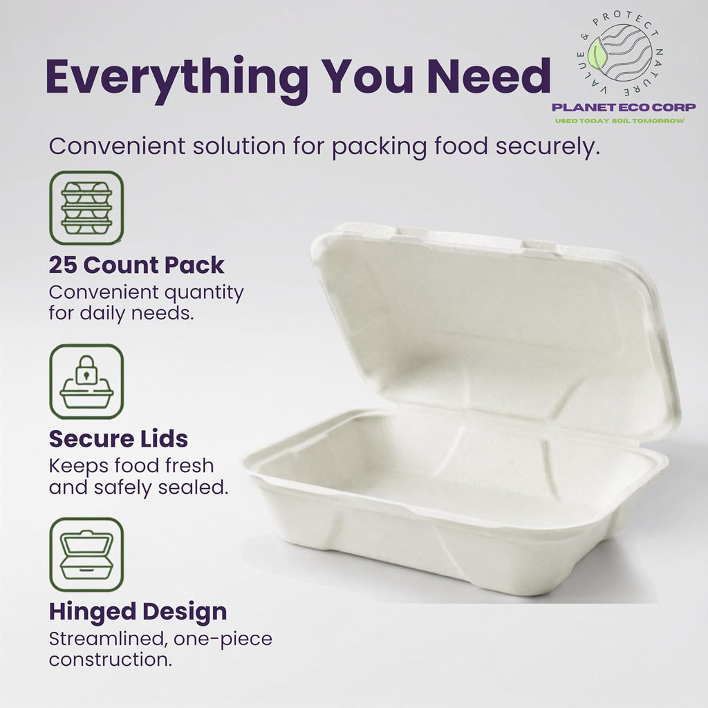 9x6 Compostable Take Out Containers with Lids, 25 Pack - Hinged Clamshell to Go Boxes, Heavy Duty Sugarcane Bagasse