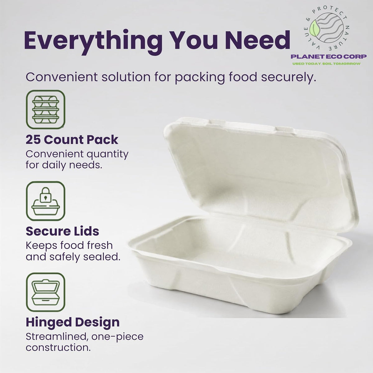 9x6 Compostable Take Out Containers with Lids, 25 Pack - Hinged Clamshell to Go Boxes, Heavy Duty Sugarcane Bagasse
