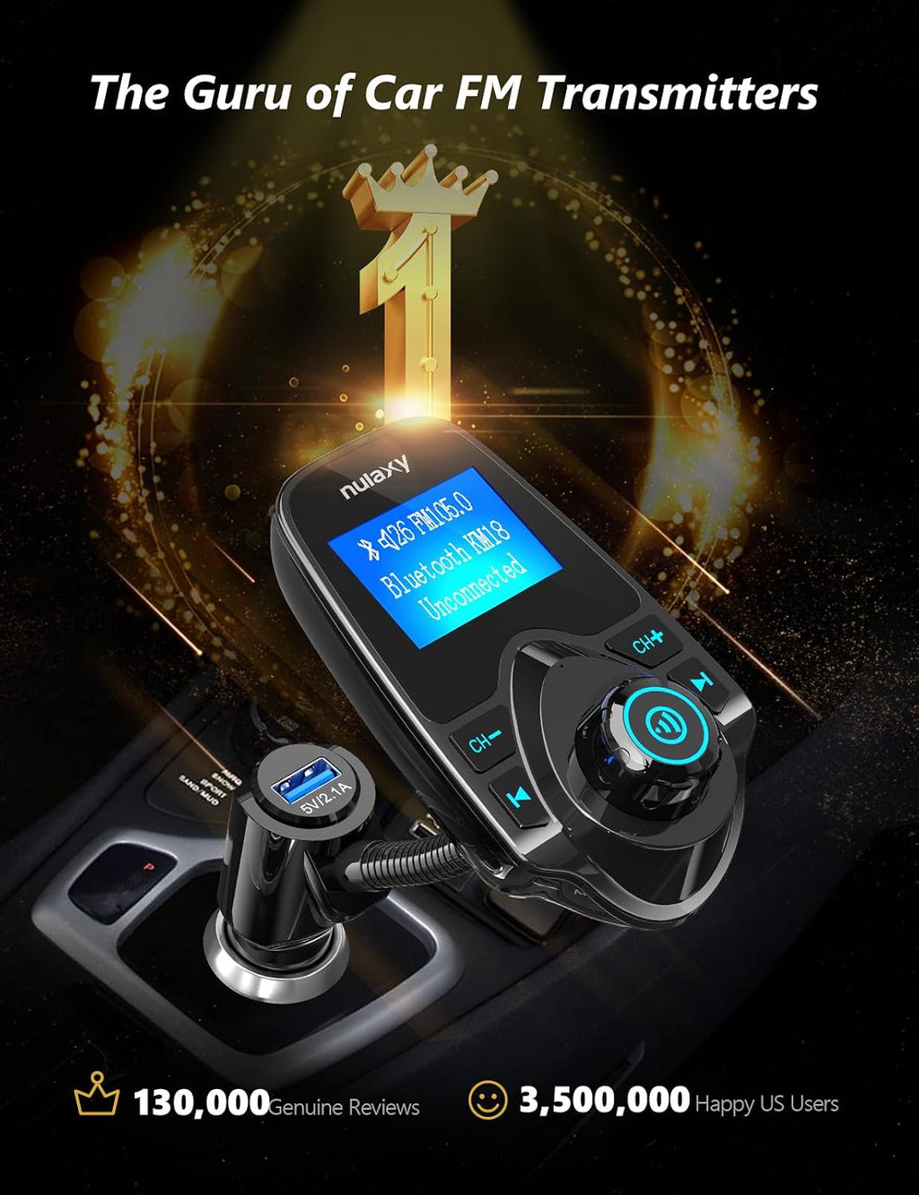 Bluetooth 5.4 Car Adapter FM Transmitter with 1.44" LCD Screen Black | Wireless FM Radio Player with Flexible