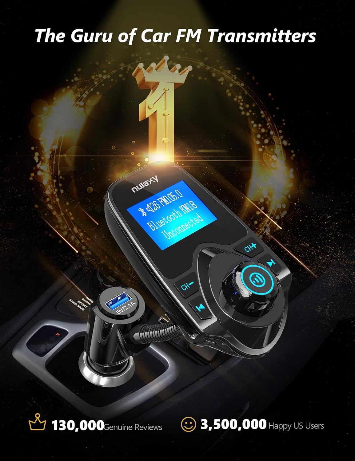 Bluetooth 5.4 Car Adapter FM Transmitter with 1.44" LCD Screen Black | Wireless FM Radio Player with Flexible