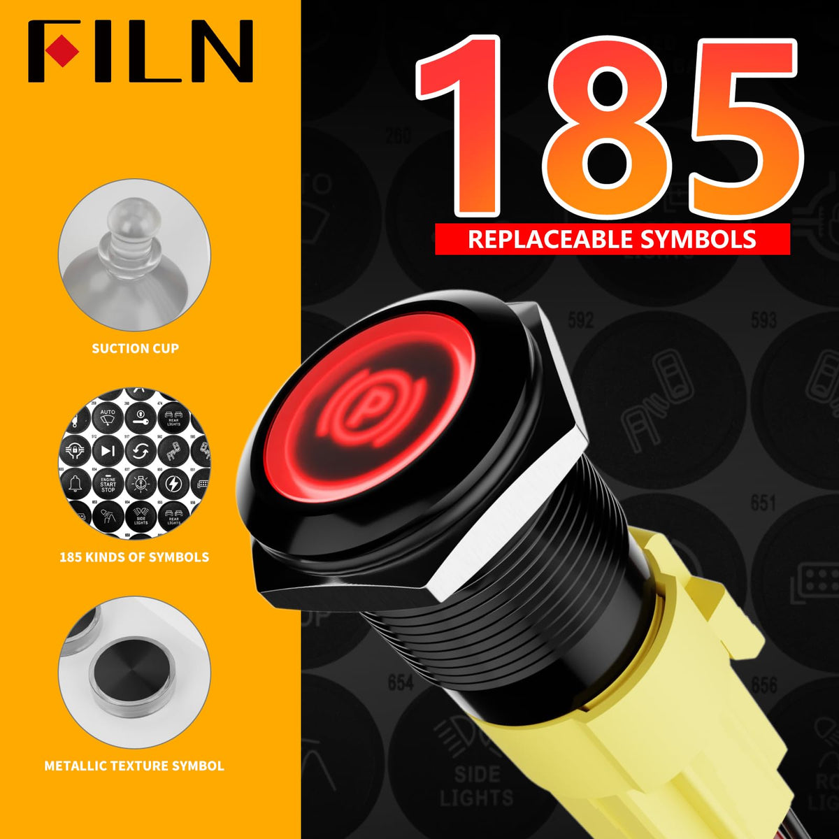FILN 2Pcs 19mm 0.74" White LED Latching Symbols Push Button Switch 12V DC