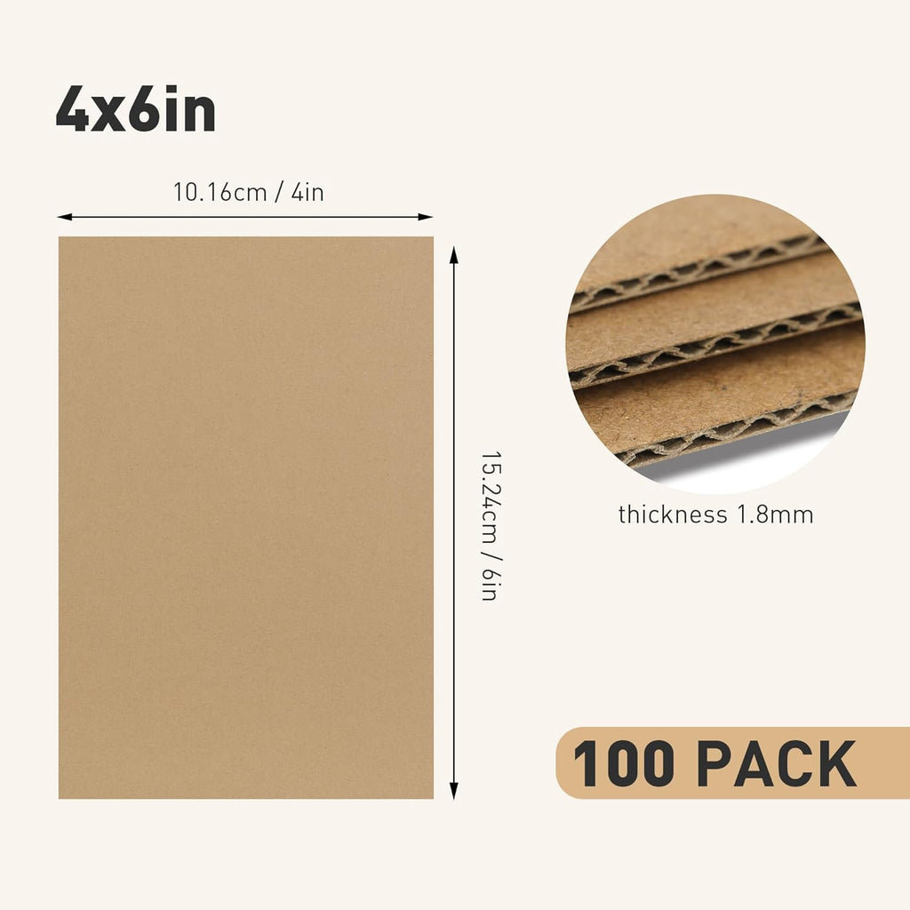 100 Pack 4x6 Inch Corrugated Cardboard Sheets, 1.8mm Thick Brown Kraft Cardboard Backing, Bulk Flat Cardboard Inserts