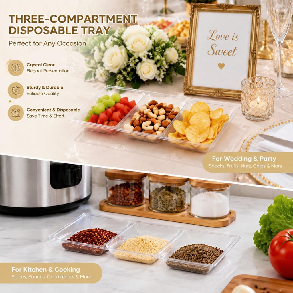 20pcs Clear 3 Section Serving Tray 15 x 7 in Plastic