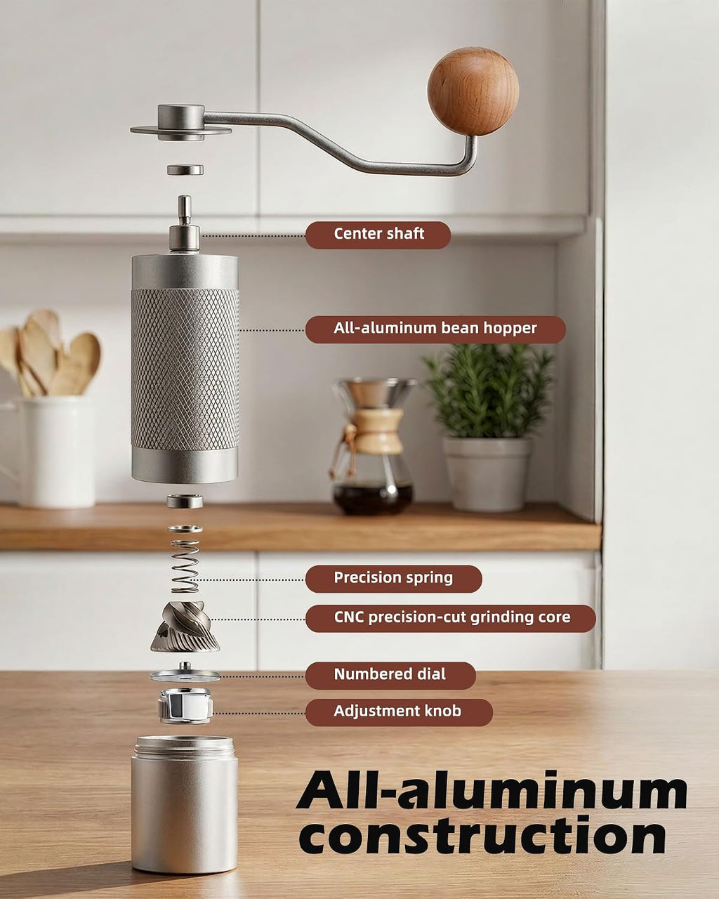 Pro Manual Coffee Grinder Stainless Steel Conical Burr With Adjustable Settings.Portable For Espresso, French press