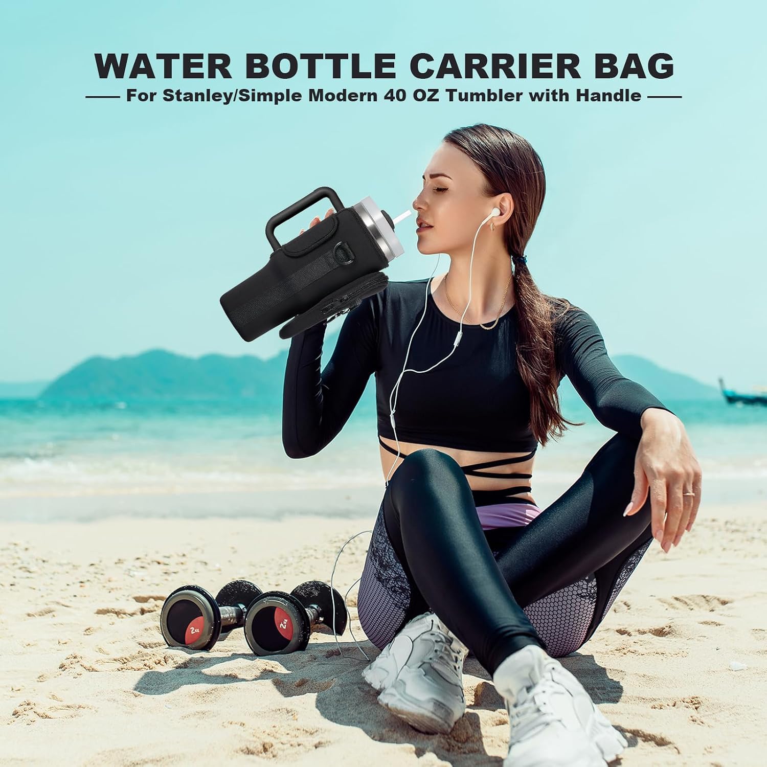 Water Bottle Carrier Bag with Phone Pocket for Stanley 40 & 30 oz Tumbler with Handle,Pink Insulated Neoprene Cup