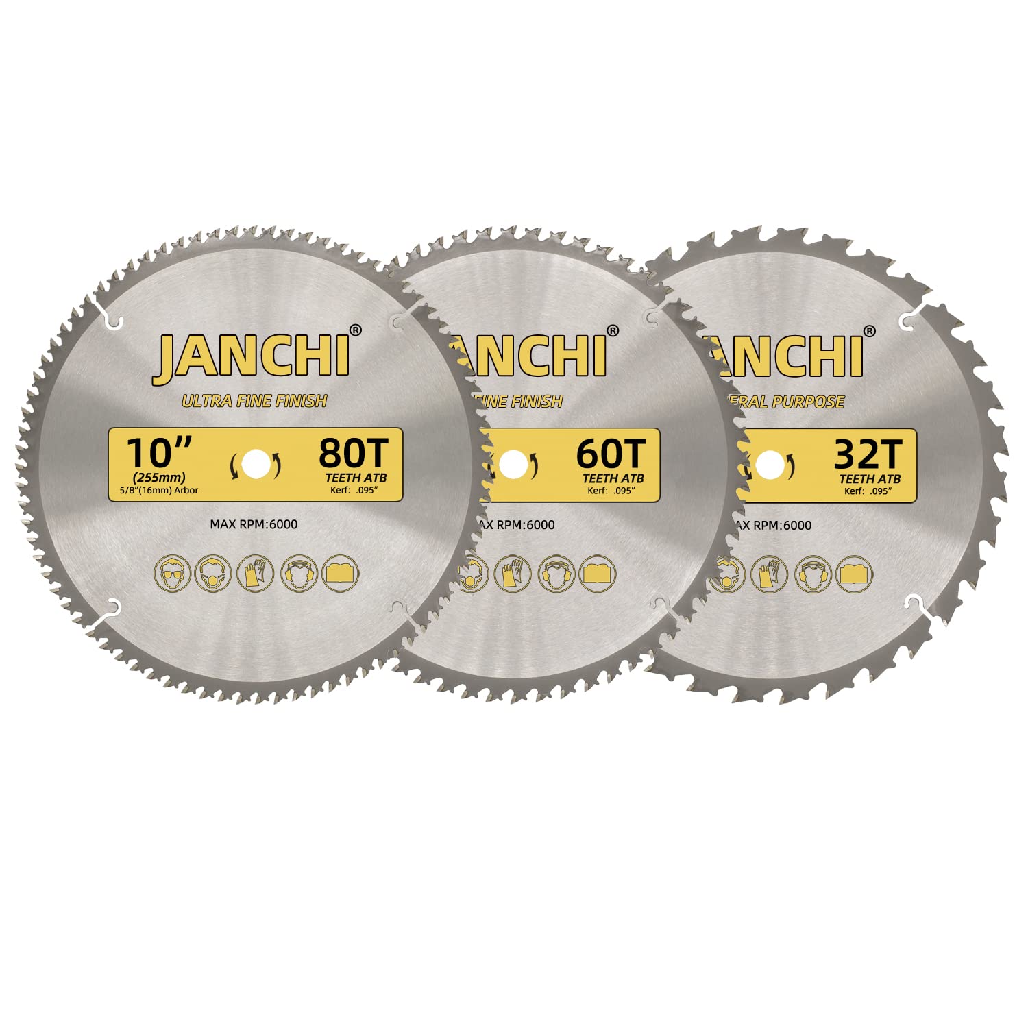 3-Pack Combo 10-Inch 32T & 60T & 80T Woodworking Saw Blades with 5/8" Arbor, .095" Thin Kerf Alternating Top Bevel