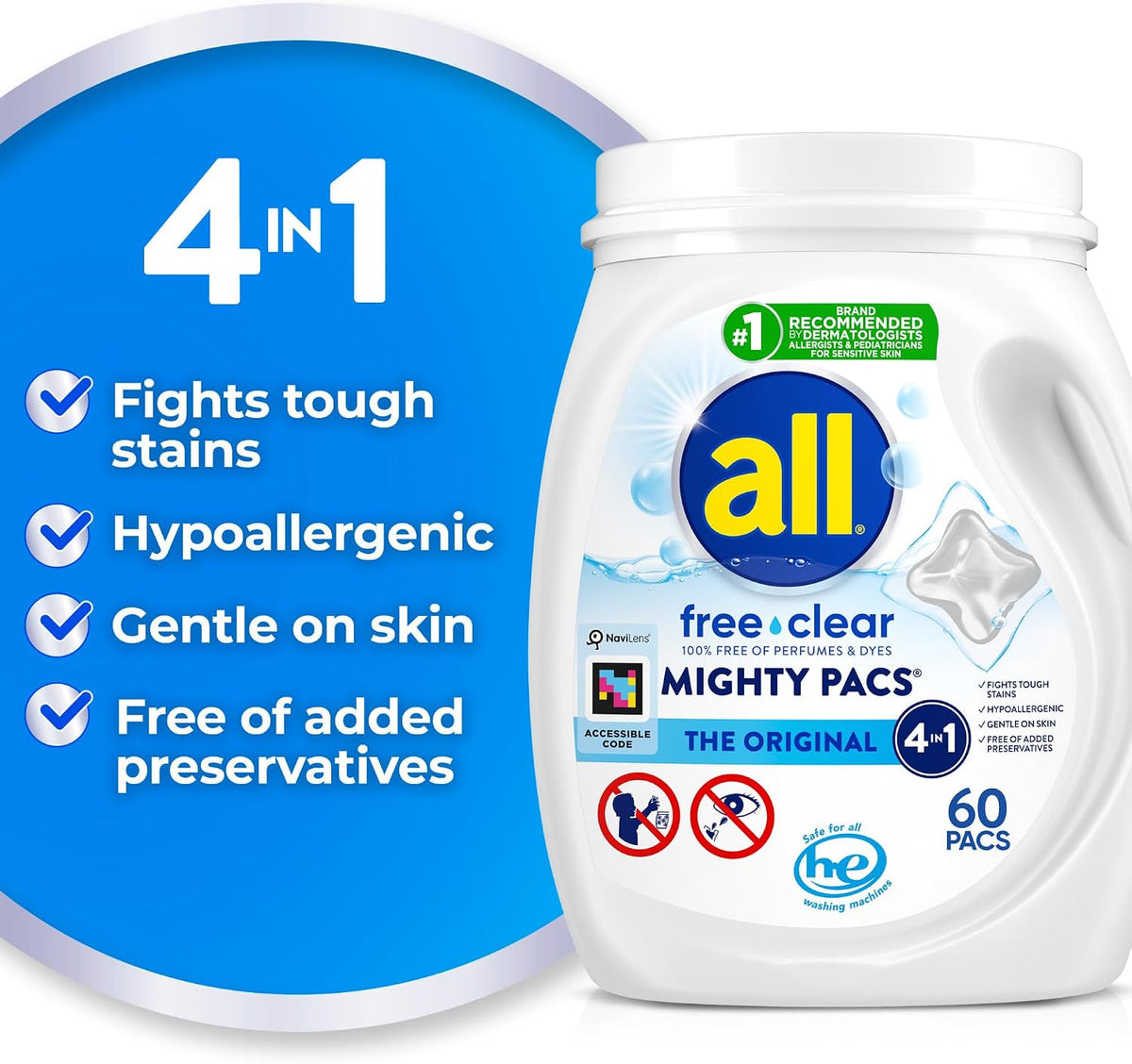 Unit Dose Laundry Detergent, Mighty Pacs, Free Clear, 60 Count