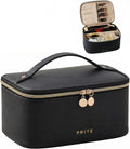 Makeup Bag Travel Cosmetic Case, Women Toiletry bag Organizer, Black | Make Up Bag, PU Leather Waterproof Large