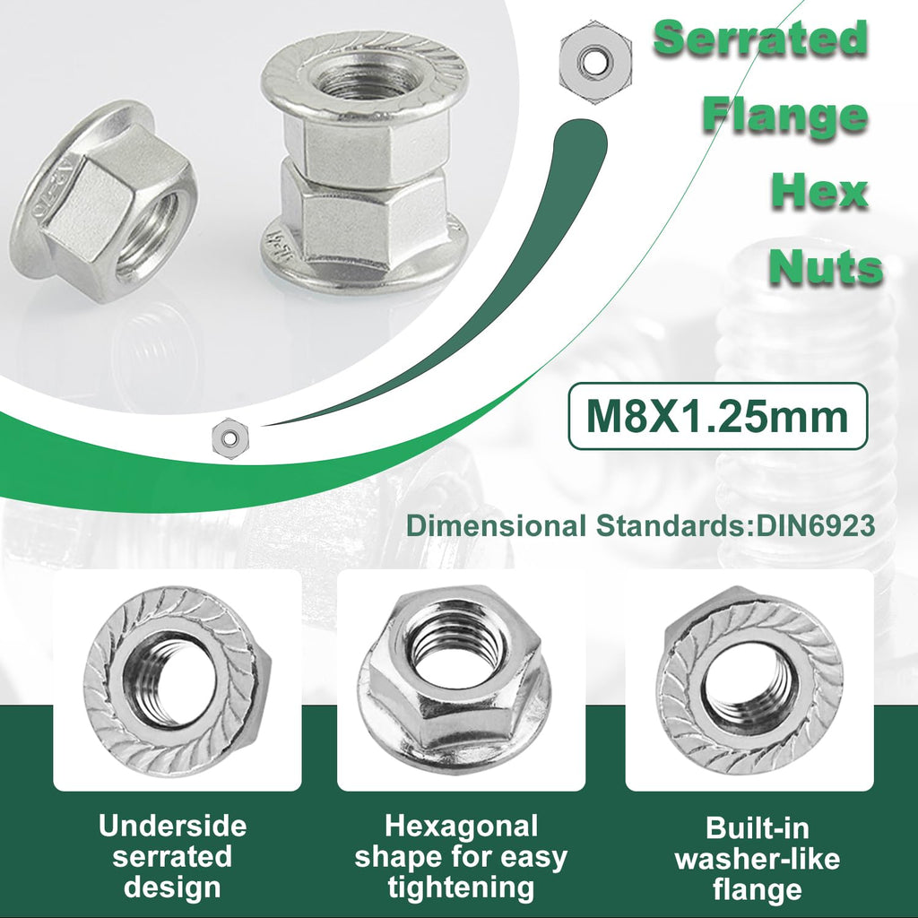 M8 Serrated Flange Nut, 15pcs M8-1.25mm Hexagon Flange Nuts