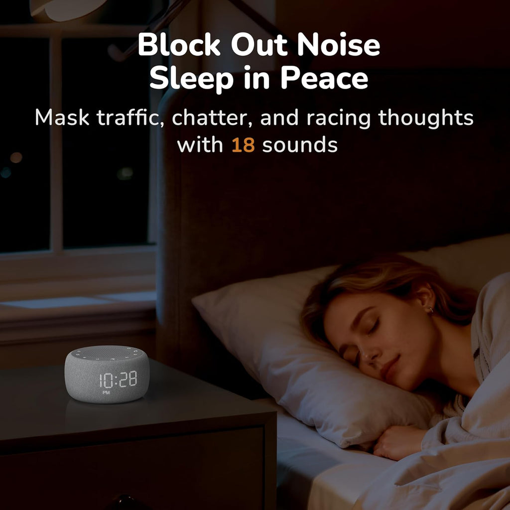 Alarm Clock with Sound Machine for Bedrooms – 2-in-1 White Noise Machine for Sleep, Gentle Wake-Up with Soft Alarm