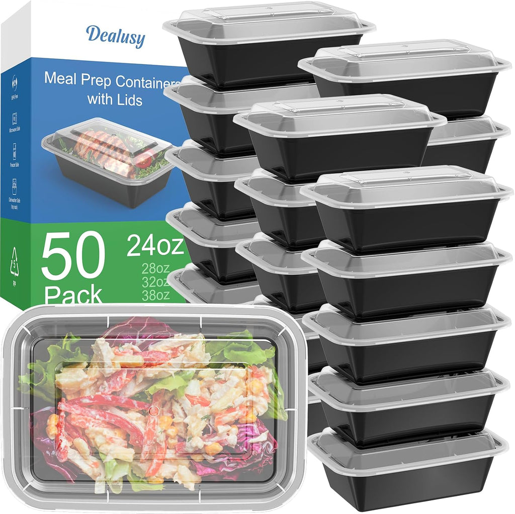 50 Pack (100-Piece) 24 oz Meal Prep Containers Reusable with Lids